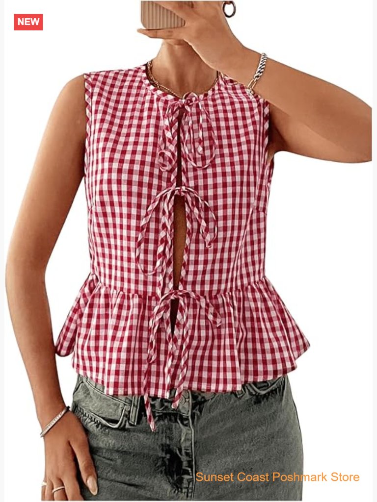 Sleeveless Gingham Peplum Tank Top Tie Front Ruffle Blouse Summer Outfits